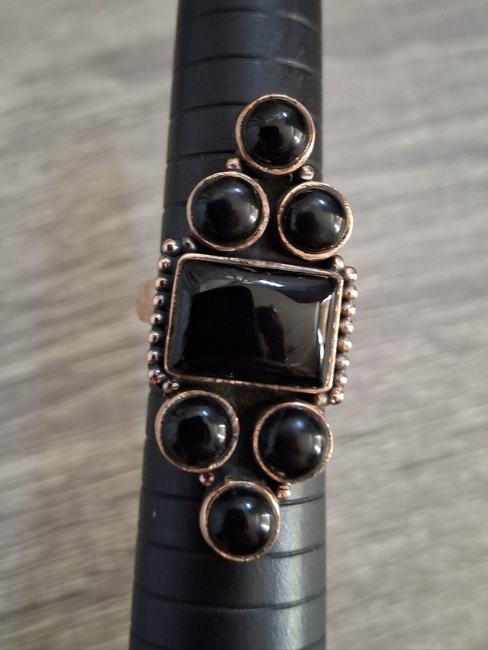 Ring Large Black Onyx Natural Stones Copper Adjustable Band 6-7-8
